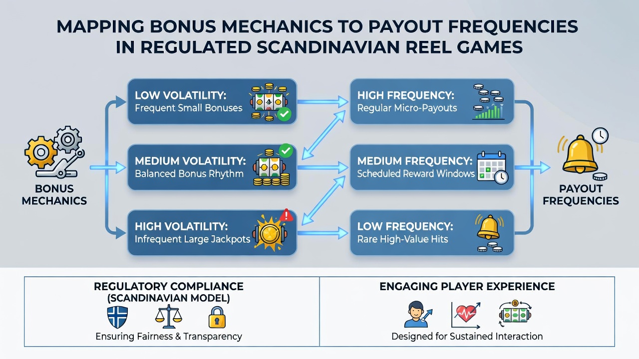 Diagram over udbetalingsfrekvenser og bonusmekanikker i skandinaviske hjulspil